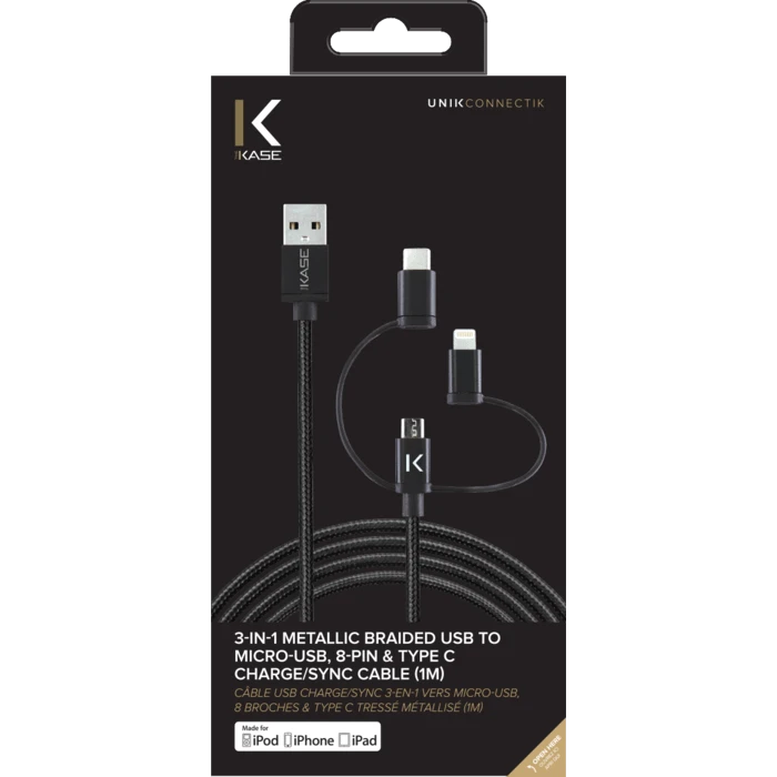 Câble USB Charge/sync 3-en-1 Vers Micro-USB, Lightning® Certifié MFi Apple & Type C Tressé Métallisé (1M) 6 Câble USB Charge/sync 3-en-1 Vers Micro-USB, Lightning® Certifié MFi Apple & Type C Tressé Métallisé (1M) – Image 4