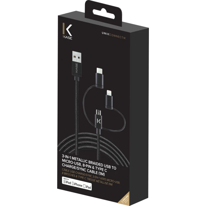 Câble USB Charge/sync 3-en-1 Vers Micro-USB, Lightning® Certifié MFi Apple & Type C Tressé Métallisé (1M) 7 Câble USB Charge/sync 3-en-1 Vers Micro-USB, Lightning® Certifié MFi Apple & Type C Tressé Métallisé (1M) – Image 5