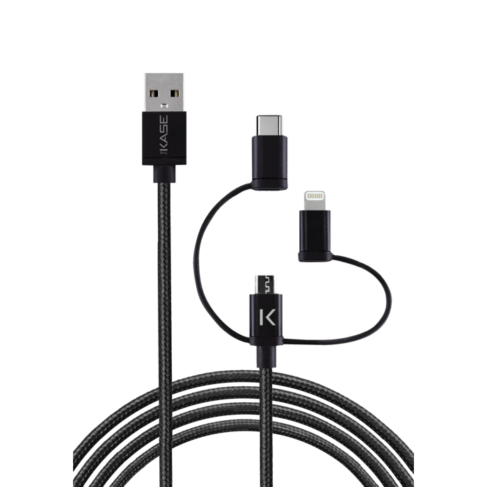 Câble USB Charge/sync 3-en-1 Vers Micro-USB, Lightning® Certifié MFi Apple & Type C Tressé Métallisé (1M) 3 Câble USB Charge/sync 3-en-1 Vers Micro-USB, Lightning® Certifié MFi Apple & Type C Tressé Métallisé (1M)